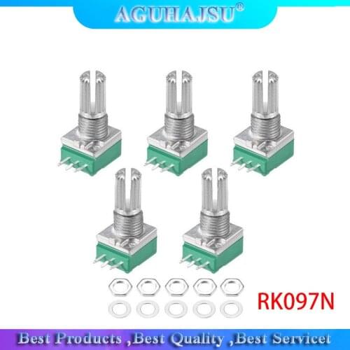5pcs 3pin RK097N B5K B10K B20K B50K B100K single linked potentiometer audio potentiometer handle 15mm 5K 10K 20K 50K 100K
