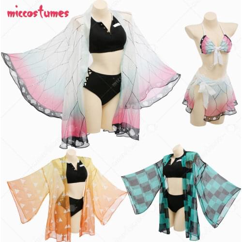 Haikyuu Agatsuma Tanjirou Kochou Shinobu Splitted Swimsuit Swimwear Bathing Suit with Strapped Butterfly-Printed Yarn Coat