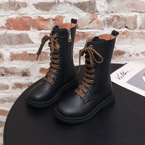 Childrens boots girls Korean style lace-up side zipper mid-tube boots students new childrens trendy shoe for autumn and winter