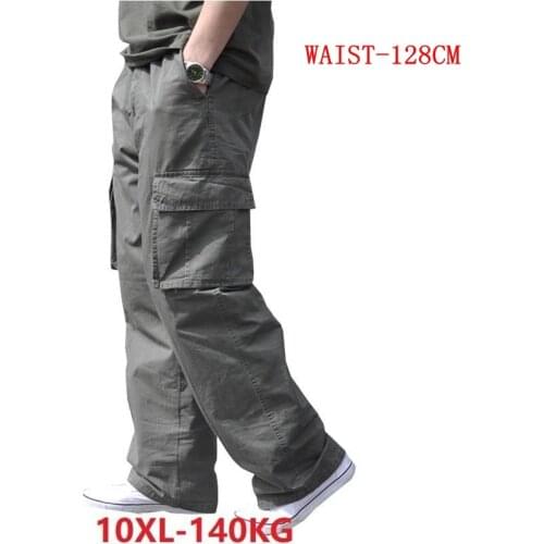 Spring Men cargo cotton pants pocket large size big 8XL 10XL 9XL 140KG loose out door casual safari style pants black 46 48 50