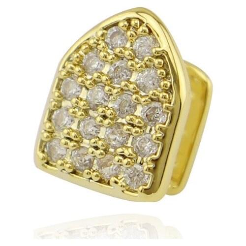 Factory Bottom Price Bling CZ Iced Paved Teeth Grillz Gold Color Single Fake Tooth Hip Hop Jewelry US UK Top Sale Mouth Bijoux