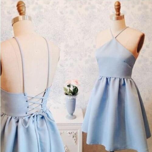 Elegant Short A-Line Light Blue Halter Homecoming Dresses Knee Length Satin Criss Cross Back Graduation Dresses for Juniors