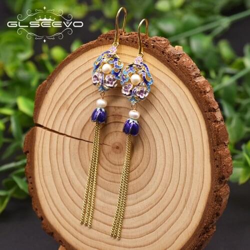 GLSEEVO Natural Pearl Cloisonne Geometric Irregular Tassel Long Hanging Earrings For Women Engagement Ethnic Fine Jewelry GE0976