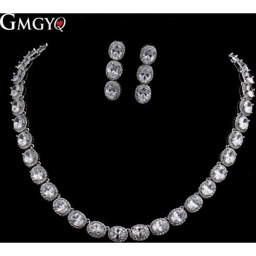 GMGYQ Silvery Colour Oval White Zirconia Earrings Necklace Fashion Bridesmaid Jewelry Sets For Women Banquet Dress Accessories