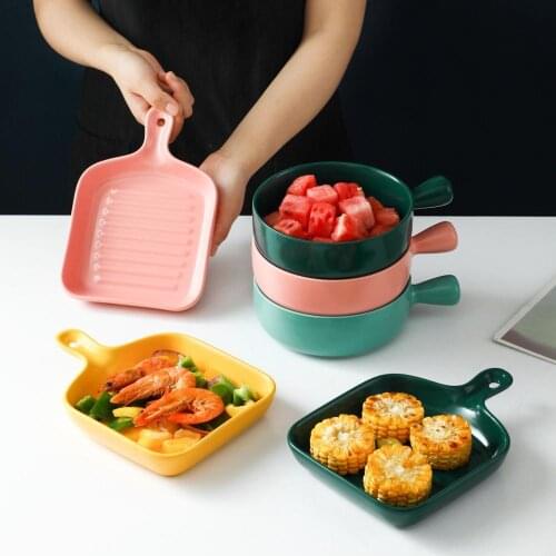 1PC Nordic Ceramic Baking Dish Creative Oven Baking Plate With Handle