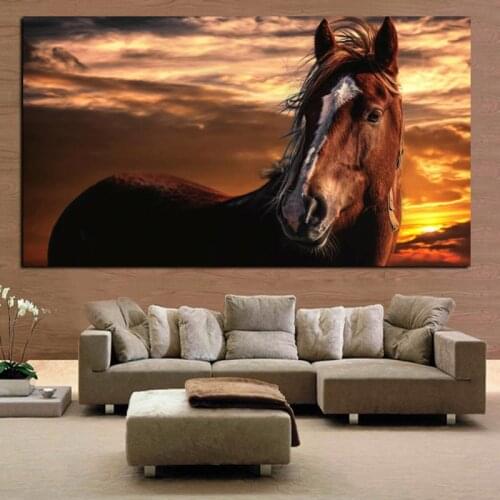 Brown Horse on Face Standing Sunset Landscape Animals Wall Art Pictures Painting Wall Art for Living Room Home Decor (No Frame)