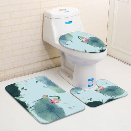 3pcs/Set Ink Painting Bathroom Mat Chinese Style Lotus Leaf Flower Plant Pattern Shower Bathtub Toilet Carpet Non-Slip Rugs