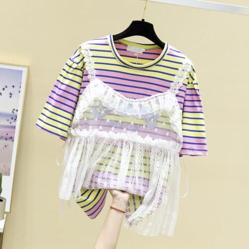 Lace Patch Striped Short Sleeve T-shirt Female 2020 Summer Top Womens New Loose Cotton Tshirt Girls Students Top T Shirt
