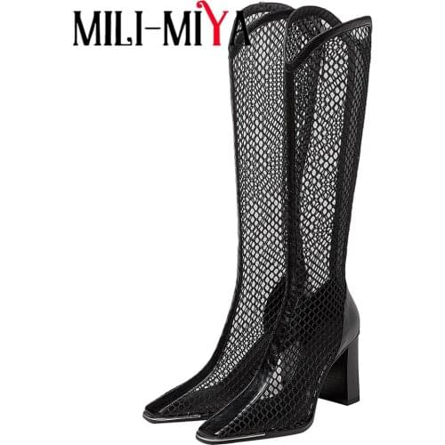 MILI-MIYA Mesh Sandals Knee High Boots Women 2021 Block Heels Summer Square Toe Back Zipper Hollow Black Party Office Ladies Sck