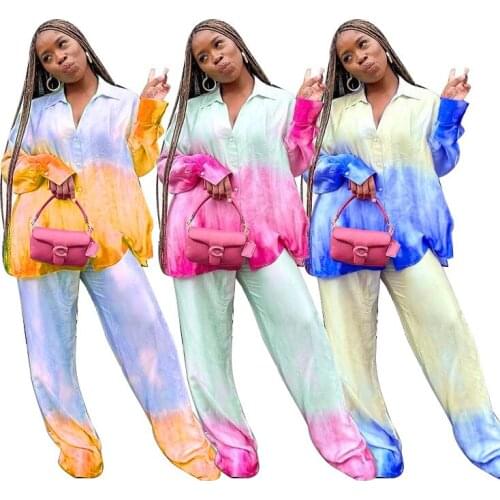 Fashion Streetwear Gradient Print Color Block Pants Suits 2 Piece Outfits Casual Shirts Top + Wide Leg Pants Two Piece Set