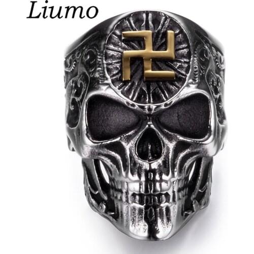 Liumo Fashion Gothic Style Gold Silver Color Cross Skull Buddha Buddhist 316L Stainless Steel Men Ring Lr479