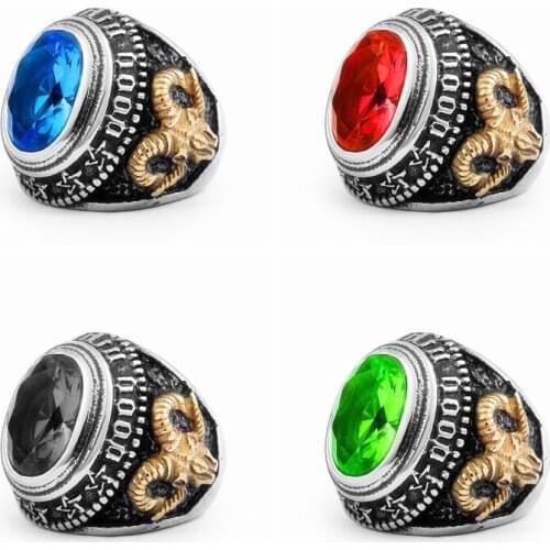 Retro Mens Punk Satan Sheep Head Black Blue Red Green CZ Ring Hip Hop Men Carbide Ring Gothic Male Biker Jewelry Wholesale