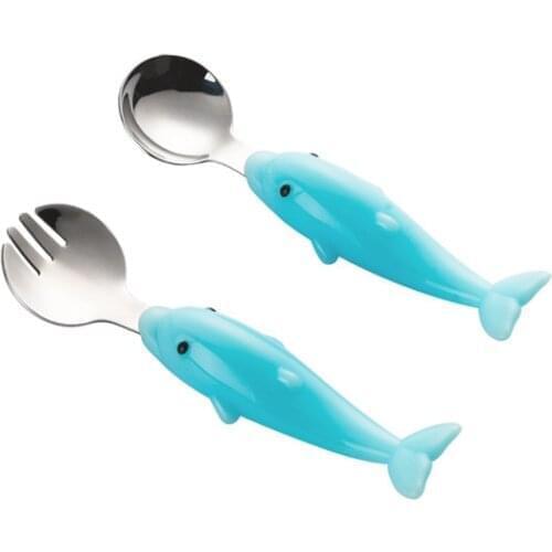 Cute dolphin-shaped fork and spoon set PP Stainless Steel Toddler Dinnerware Cartoon Infant Food Feeding Spoon Fork Cutlery
