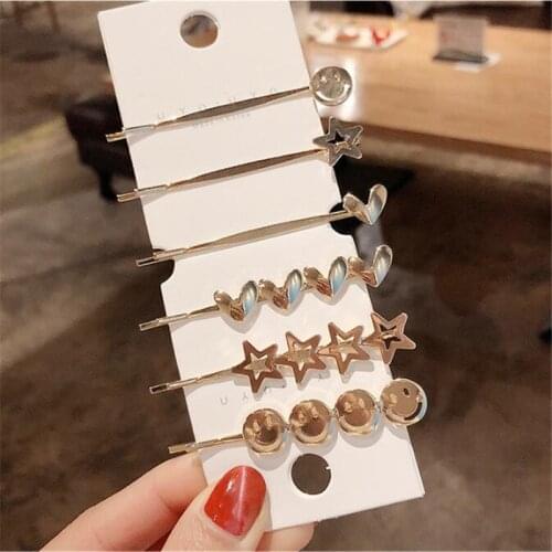 New Korea Simple Metal Hairpins for Women Hollow Star Heart Shape Hair Clips Gold Color Smile Face Hairgrip Hair Accessories