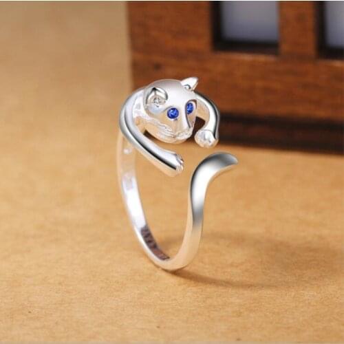 New Cute Little Leopard Korean Style Fashion 925 Sterling Silver Jewelry Cat Personality Blue Eyes Mouse Opening Rings SR159