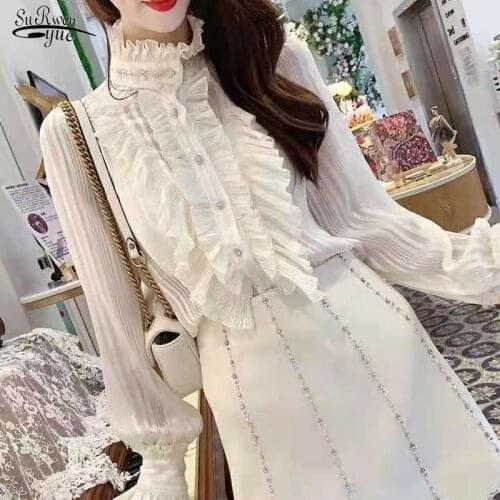 Autumn Fashion Long Sleeve Chiffon Shirts Elegant Ruffle Stitching Women Blouse Stand Collar Pleated Beading Tops Blusas 15656