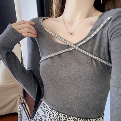 2021 Casual Autumn T Shirt Women T-Shirt Long Sleeve Korean Style Slim Cotton Tshirt Diamond Gray Tops Womens Clothing