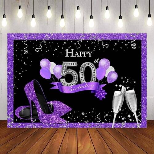 Fifty birthday purple theme party backdrop High heels Champagne balloons background glitter custom backgrounds photocall