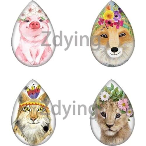 Zdying Cute Animals Flower Pig Horse Fox Tiger Glass Cabochon Teardrop Glass Cabochon Picture Beads DIY Pendant Jewelry Findings