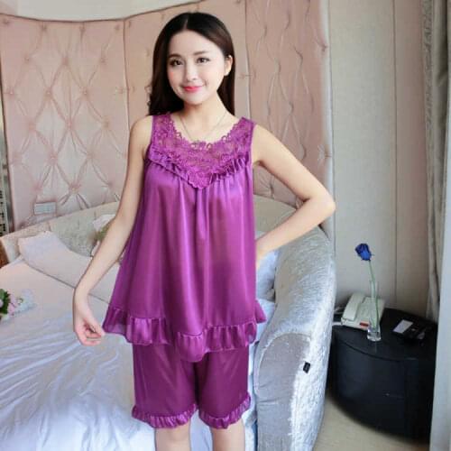 Womens Lace Satin Silky Sleepwear Cami Top and Shorts Pajama Set Night Suit Shirt for Summer Cool Ruffled Loungewear Pink Blue