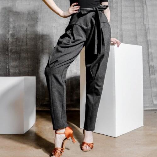 Latin Dance Pants Women Lace Up Elastic High Waist Gray Pants Latin Practice Clothes Samba Cha Cha Tap Dance Wear Adult VDB3207