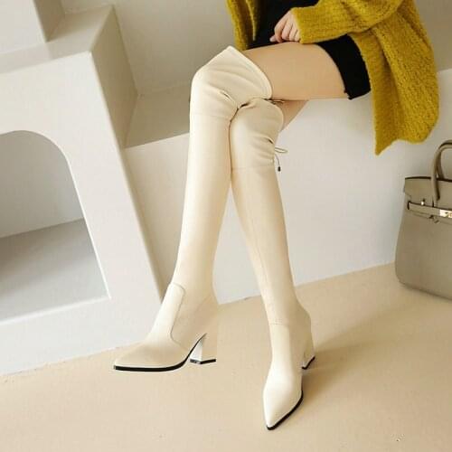 Ladies Spring Autumn Zipper Knee Boots Ladies Fashion Lace-Up Square High Heel Boots Apricot Silver Yellow Womens Shoes