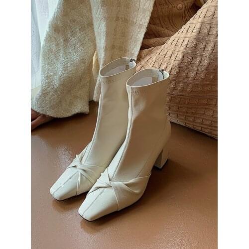 French square toe thick heel short boots women Korean version 2021 new high heel elastic