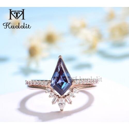 Kuololit Kite Alexandrite Gemstone 18K 14K 10K 585 Rose Gold Set Rings for Women Kite Moissanite Ring with Band for Christmas