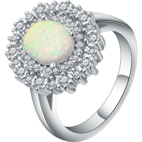 Hainon Fashion White Fire Opal Ring Oval Zircon Silver Color Rings Wedding Party For Women Fashion Jewelry Gift Size 6-10