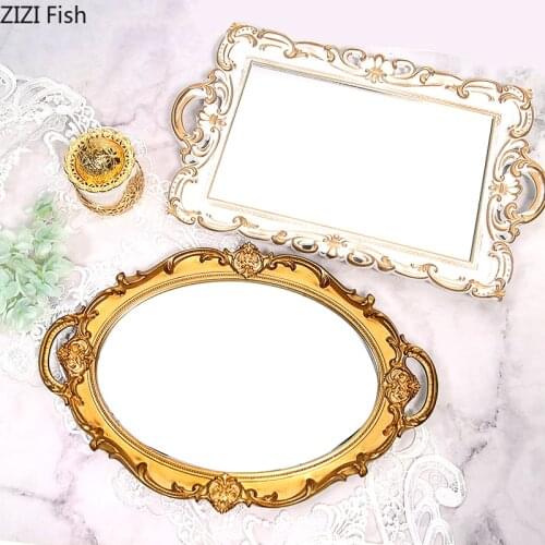 Retro Golden Mirror Tray Retro Desktop Storage Organization Modern Home Decoration Resin Glass Trays Serving Tray Pantry