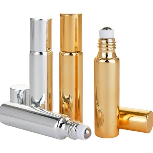 1PCS 10ml Roll-on Bottle Portable UV Glass Essential Oil Bottle Travel Refillable Containers Gold/Silver Storage Bottles