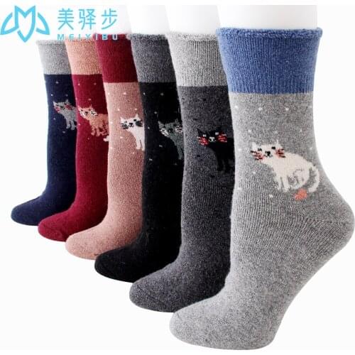12 Pairs Per Set Winter Thick Wool Socks Cartoon Cute Cat Wool Socks Hot Women Socks