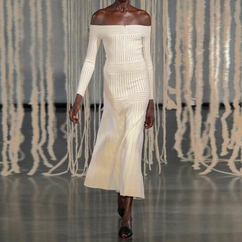 2020 Elegant Bandage Dress Long Sleeve Off The Shoulder Dark Blue Beige Meramid New Club Celebrity Party High Quality Vestidos