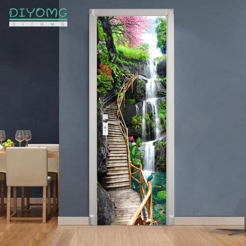 77x200cm 3D Door Wallpaper DIY art For Door self-Adhesive Wall Murals Vinyl Removable Door Decals waterfall Home Decor Stickers