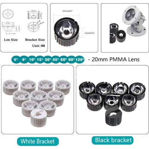 50PCS/lot 5 8 10 15 25 30 45 60 90 120 Degrees LED Lens 20mm PMMA Lens + Bracket For DIY 1W 3W 5W High Power LED Chip COB