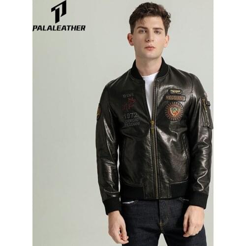 PalaLeather Embroidered Vegetable Tanned Goatskin Baseball Jacket With Knitted Collar