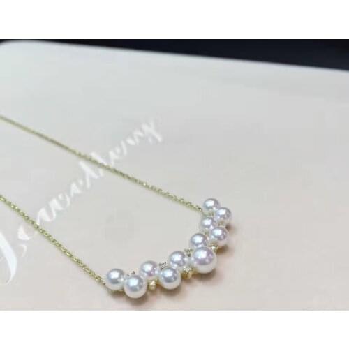 Gemstone jewelry 3-5MM natural sea water pearl pendant necklacke akoya pearl 18K yellow gold with real diamond fine women jewel