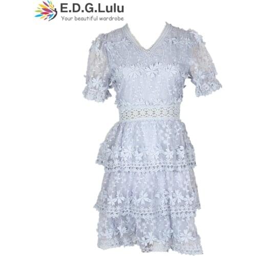 EDGLuLu Pink Lace Mini Dress Spring Summer 2020 Woman White V-neck Elegant Hollow Out Light Blue Cascading Ruffle Dress 0424