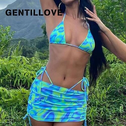 Gentillove Elegant Lace Up Bikini Push up Bathing Suits Womens Sexy Tie Dye Print Swimsuit Summer Bikini Set 2 Pieces Beachwear