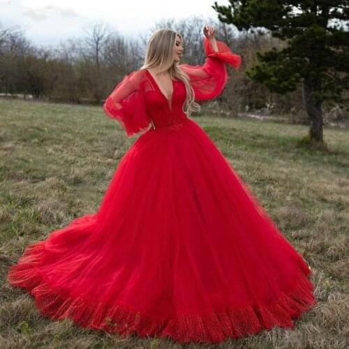 Elegant Plus Size Red wedding Dresses With Beaded Long Sleeve V Neck Ball Gown Beautiful Open Back Pageant wedding Gowns 2021