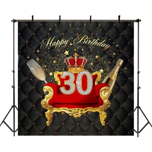 Happy 30th Birthday Backdrop Red Gold Crown Sofa Diamond Photography Background Stars Champagne Birthday Party Banner Backdrops