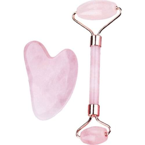 2pcs/Set Kamien Gua Sha Stone For Face Massage Rose Quartz Jade Stone Face Massage Roller Gua Sha Scraper Board Face