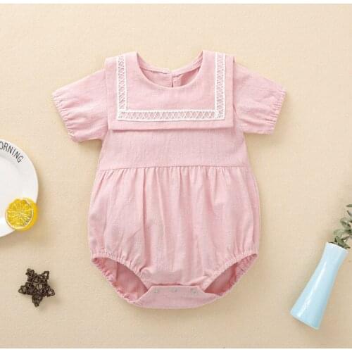 Summer 2021 Newborn Bodysuits, Toddlers Lapel Lace Short Sleeve Cute Clothes Suit for Infants Girls