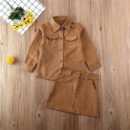 1-6Y Fashion Baby Girl Clothing Set Vintage Long Sleeve Button-Down Shirt Tops Mini Skirt Dress Outfit Set