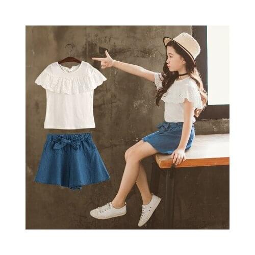 5-10 years old children suit summer new Korean fashion girls baby fashion jeans lace T-shirt short sleeves wild two-piece suit