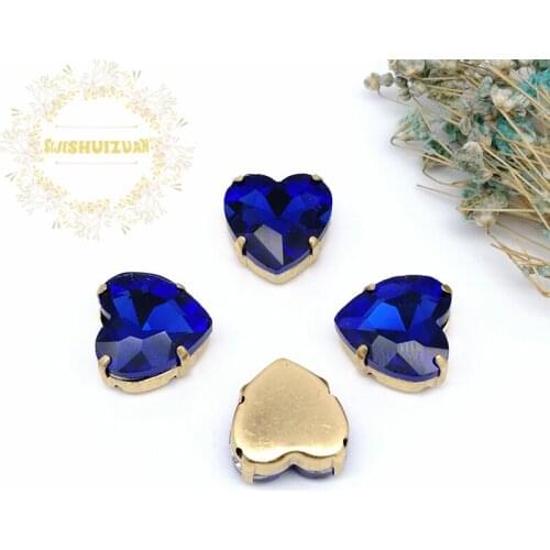 Hot sale Sapphire blue Heart Glass Crystal sew on rhinestones with gold claw Diy wedding dress accessories Free shipping