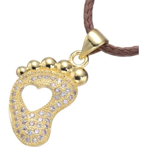 Fashion Jewelry Cute Zircon Heart Feet Beads Necklace For Women Handmade Copper Micro Pave Choker Leather Necklaces Bijoux Gifts