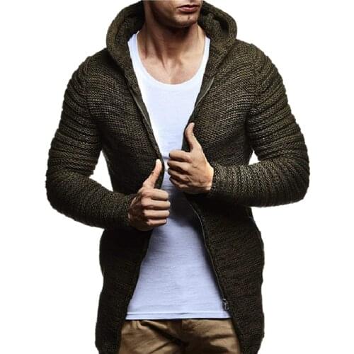 Men Clothes Casual Coat Beige Striped Spliced Knitted Cardigan Man Full Zip Mens Sweaters Warm Winter Hooded Mans Sweater Male