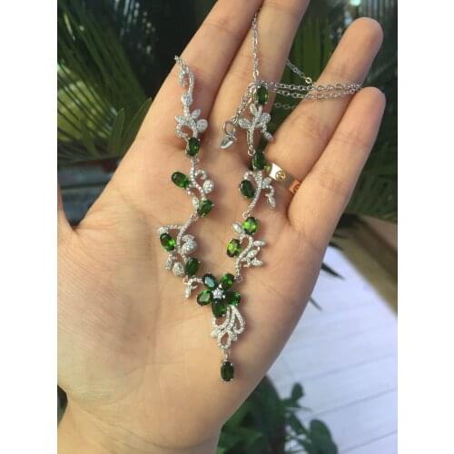 Natural green diopside Necklace Natural Gemstone Pendant Necklace S925 sliver women Luxury Leaves Flowers party fine Jewelry