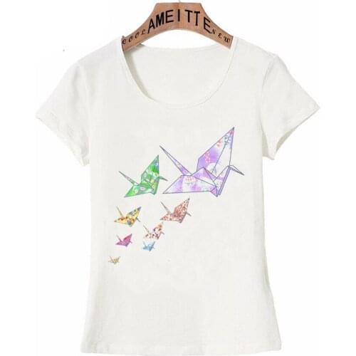Casual Fashion Women Short Sleeve Flying Origami Paper Cranes Print T-Shirt Hipster Woman Tops Cute Girl Tee shirt